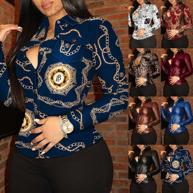 2021 spring loose V-neck button pocket PU leather shirt womens shirt
