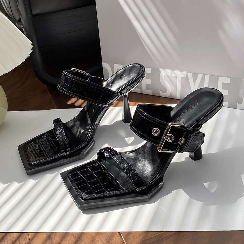 Woman Sandals New Summer Square Open Toe High Slim Heels Lacquer Leather Black Sweet Cool Slippers