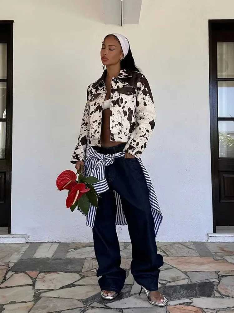 Womens Fashion Printed Lapel Jacket Casual Short Long Sleeve Patch Pocket Jacket High Street Commuter Autumn Jacket J251124