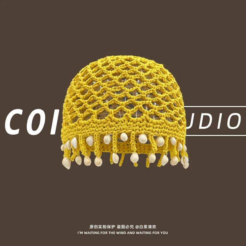 Personality Shell Fringed Knitted Fishing Net Beanies for Women Spring Summer Fashion Versatile Bohemian Style Pullover Hats 250420