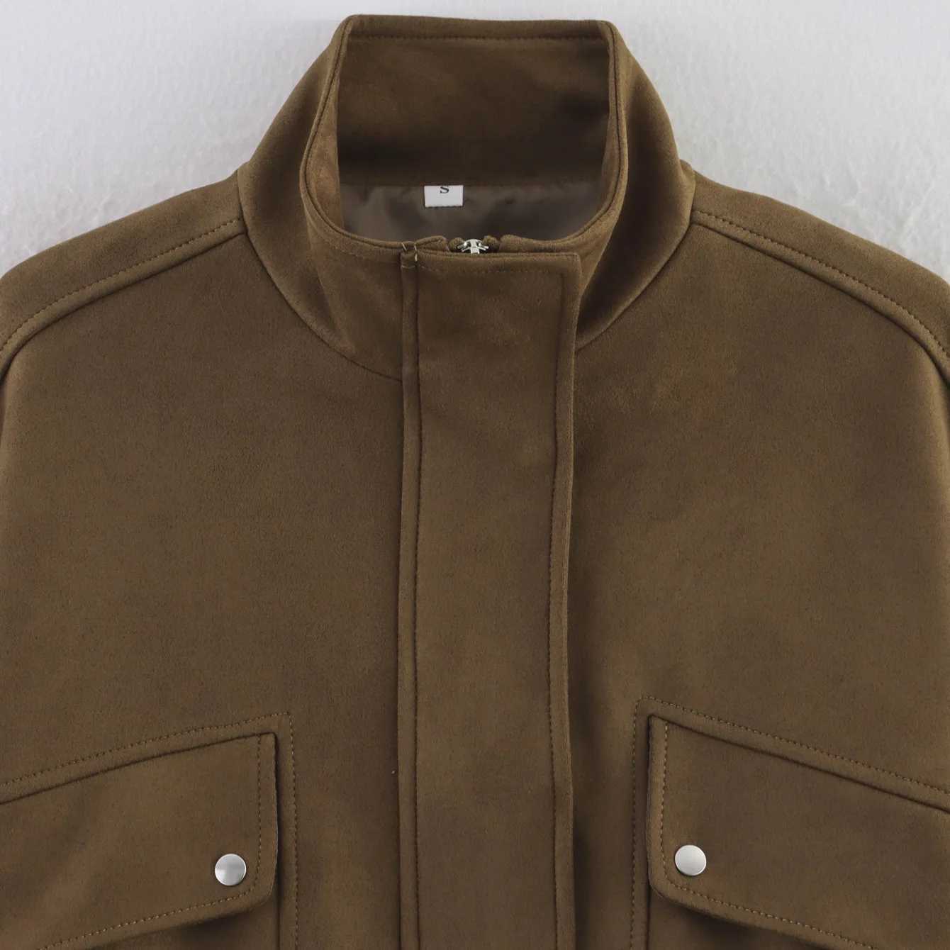 Autumn New Dark Brown Loose Pocket Pleated Vintage Jacket Women Causal Stand Collar Zipper Short Coat Winter Women Overcoat J251124