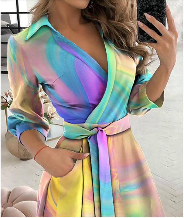 2021 spring and summer fashion long sleeve V-neck printing dress
