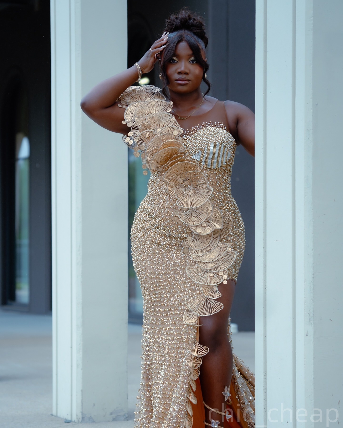 Mermaid Gold Plus Size Prom Dresses 2025 Pearls Florals Sequined High Split Evening Formal Party Second Birthday Engagement Gowns Dress For Special Oc