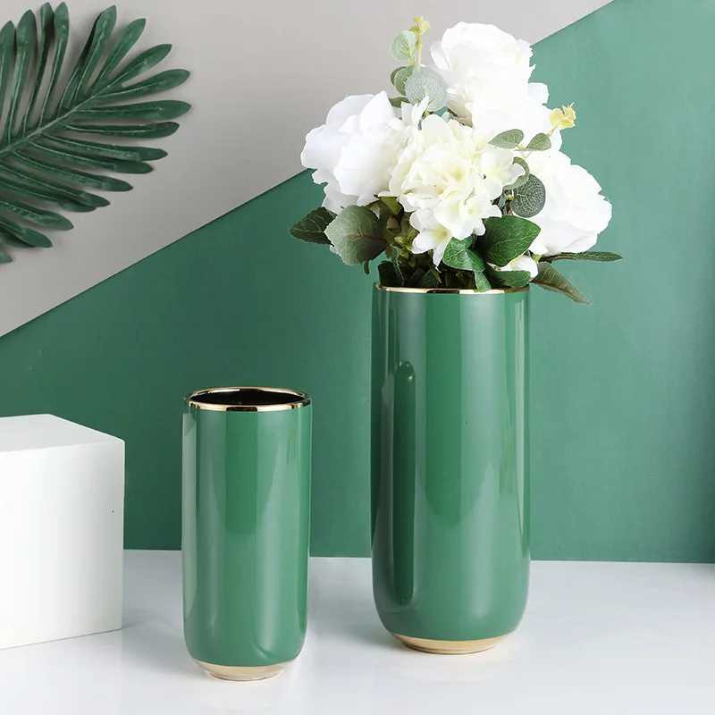 Ins High-value Light Luxury Gold-plated Ceramic Green Vase Nordic Living Room Flower Ornaments Dining Table Green Flower Set C251124