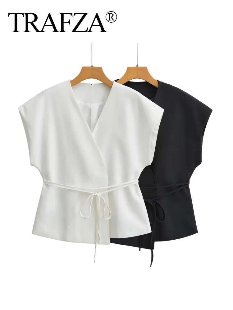 TRAFZA Summer Women's Pants Suits Double-Lapel Lace-Up Tank Tops+With Zipper Pocket Pleated Solid Loose Trousers Sets Casaul