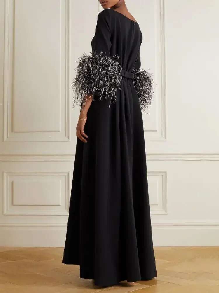 Female Solid Color Floor Length Wrap Dress Feathers Half Sleeve Boat Neck Elegant Pleated Evening Dresses For Women