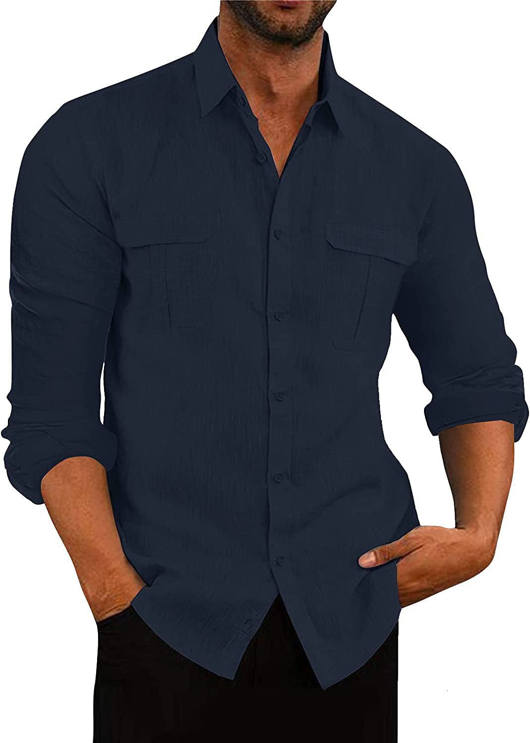 Mens shirt double pocket cotton linen long sleeve shirt leisure vacation shirt 6 colors