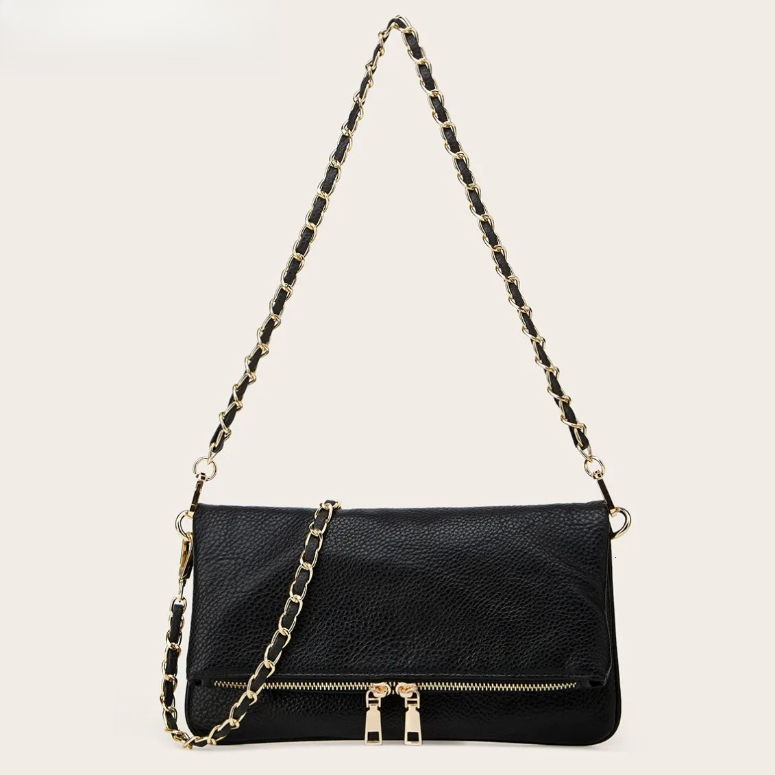 Designer bag New Arrival Black Leather Clutch Bag Gold Chain Strap Double Zipper