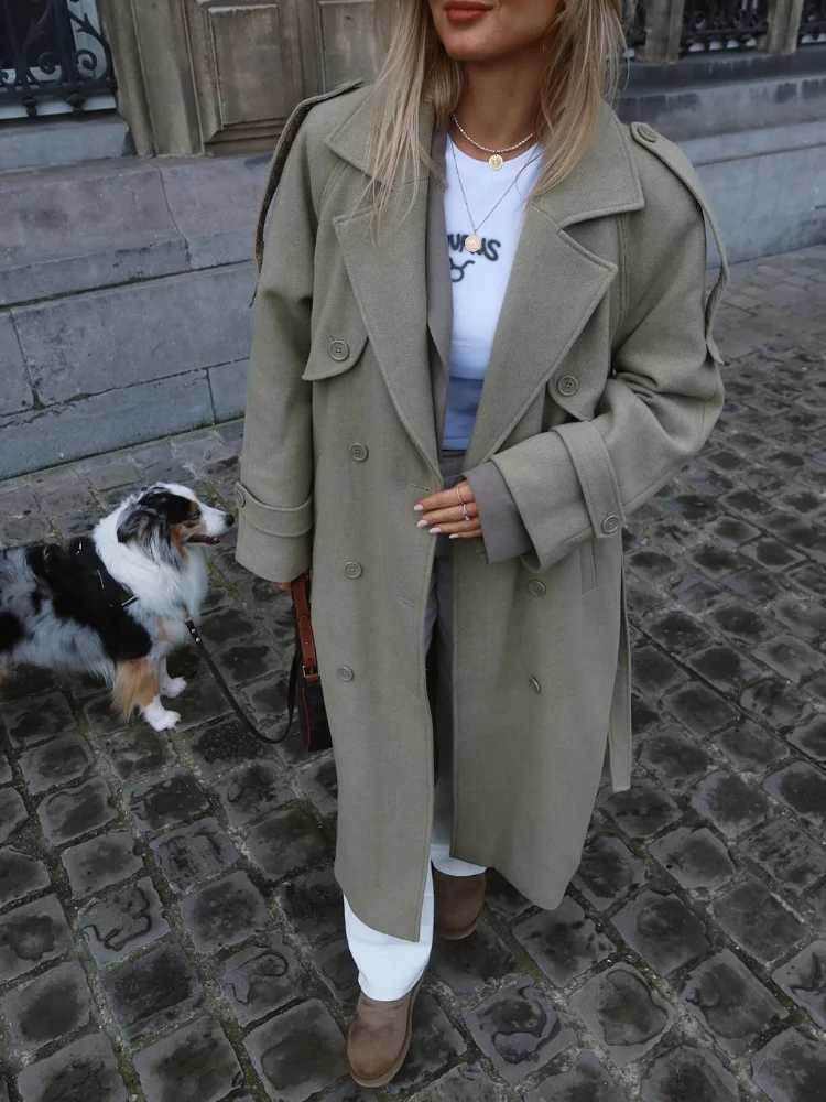 Elegant Loose Belt Coats Women Turn-down Collar Full Sleeve Double Breasted Overcoat 2025 Autumn Chic Female Casual Outerwear J251124