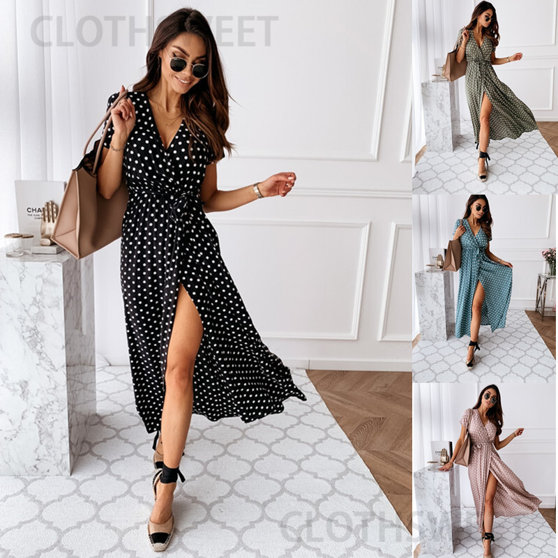 2020 summer short sleeve V-neck Bohemian polka dot print dress long skirt