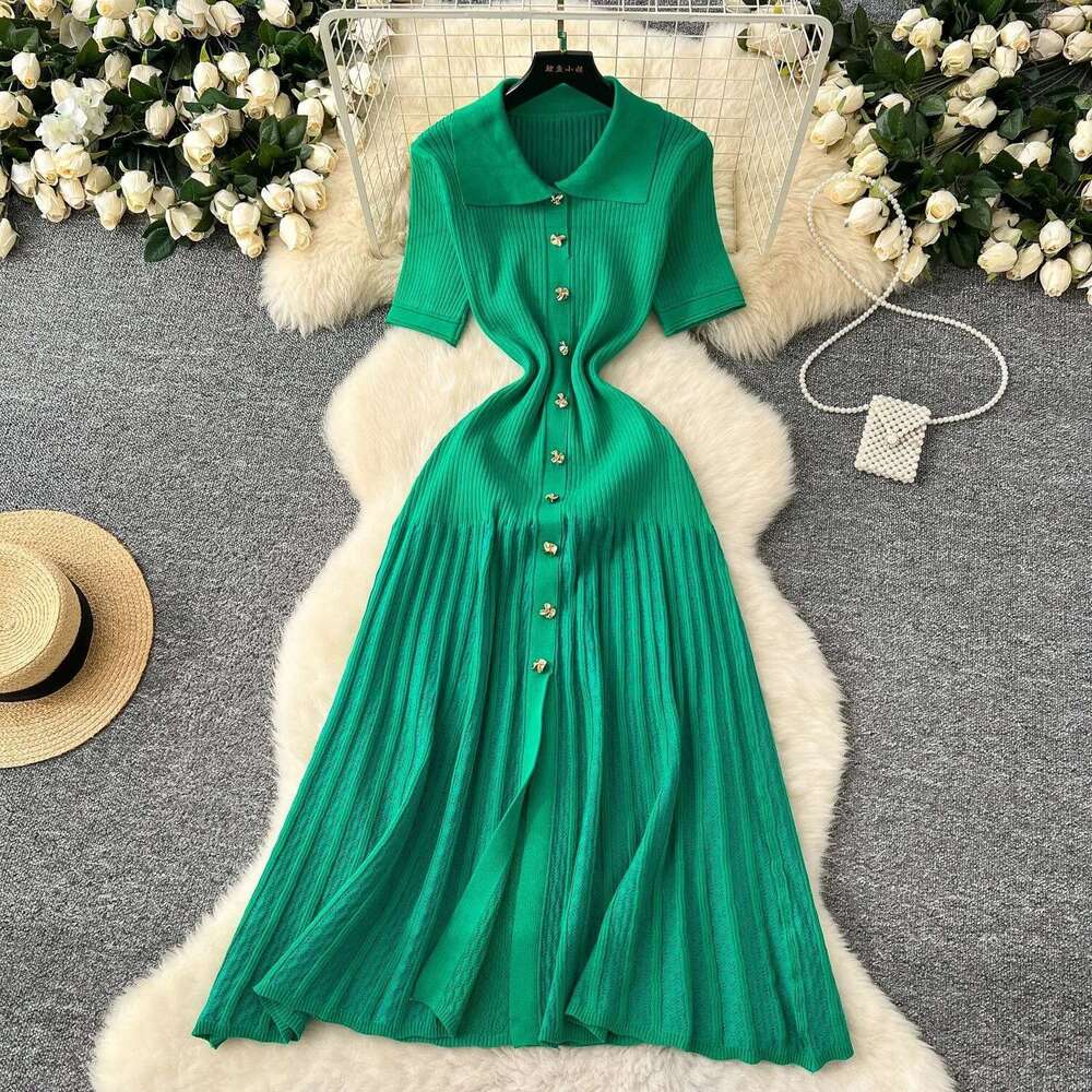 Designer Clothes Yuoomuoo Chic Fashion Elegant Patchwork Knitted Maxi 2025 Summer Lady Turn-Down Collar Shirt Sweater Dress Party Vestidos