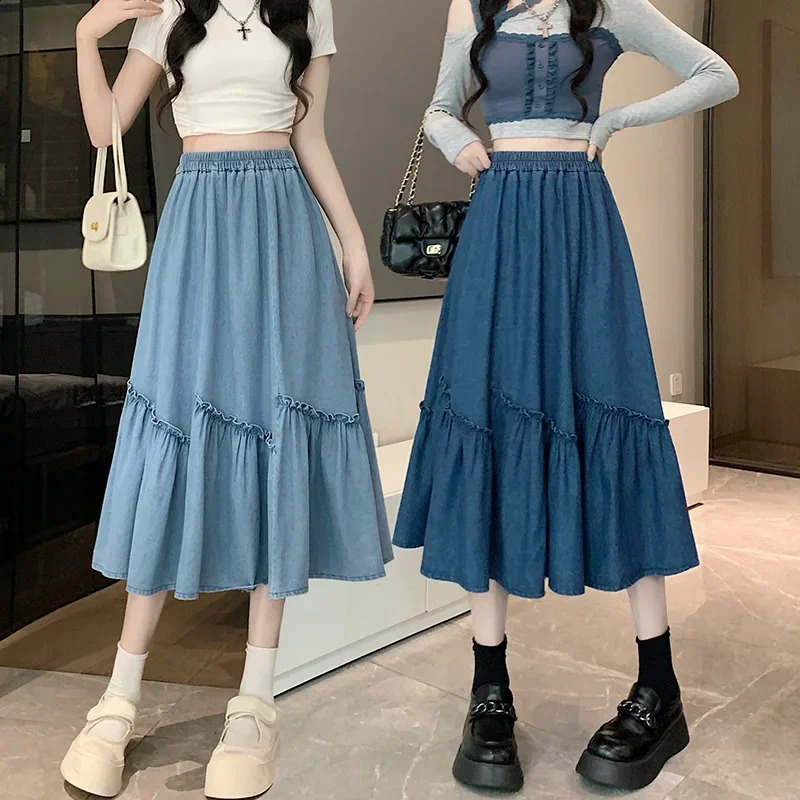 2024 Simple Versatile Wood Ear Denim Skirt mid length wide hem umbrella semi elastic waistband waist 250417