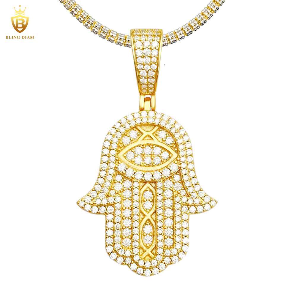 Gra Certificate Hip Hop Jewelry 925 Sterling Silver Iced Out Moissanite Gold Plated Hamsa Hand Charm Pendant