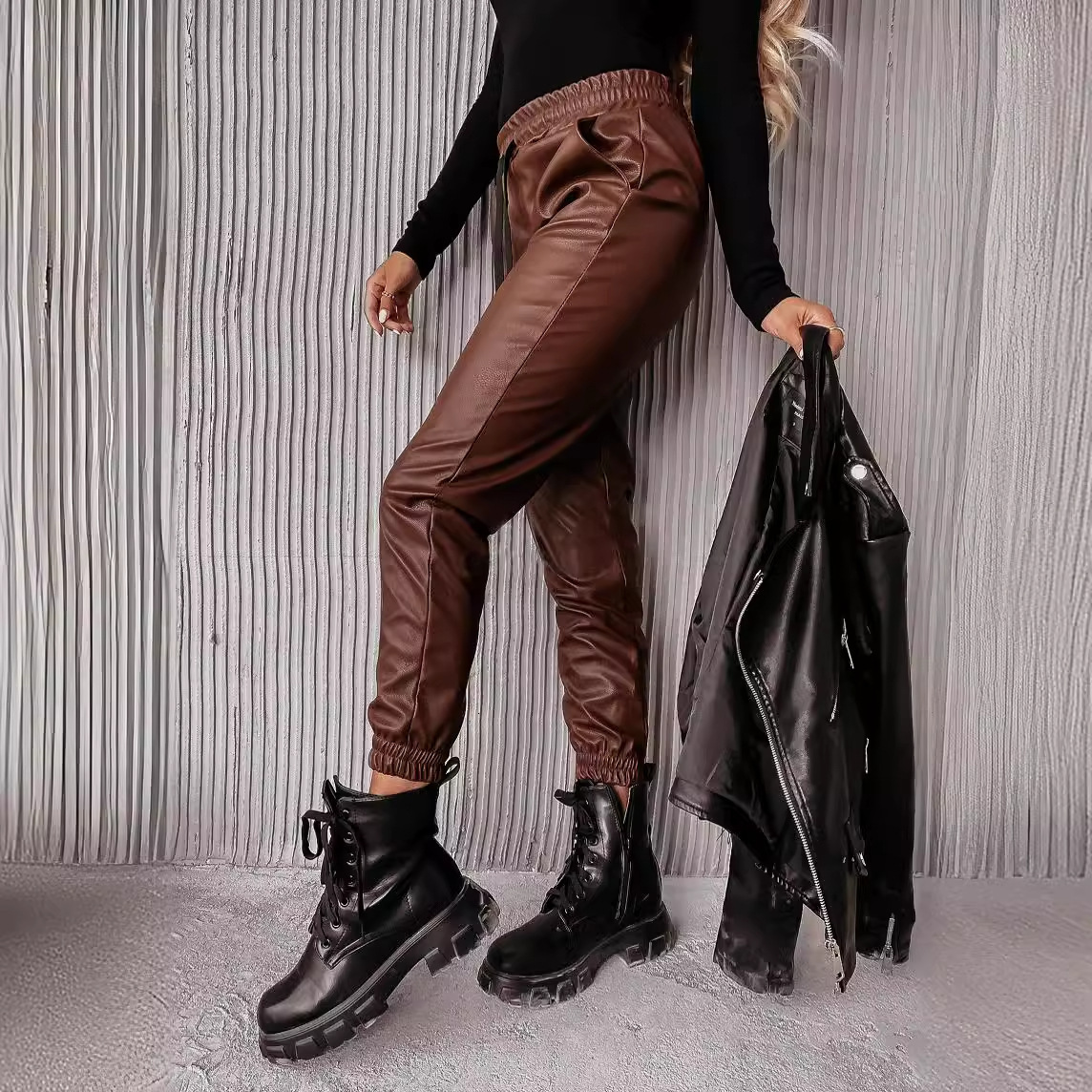 PU Leather Women Fashion Sportswear Pencil Pants Slim Fit High Elastic Waist Simple Pocket Casual Ladies Trousers Streetwear 240816