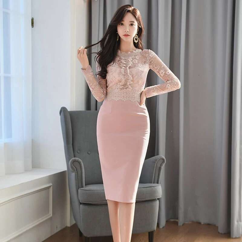 H Han Queen Korean Spring Retro Lace Ing Vestidos Sexy Dress Women Office Work Bodycon Sheath Casual Pencil Dresses