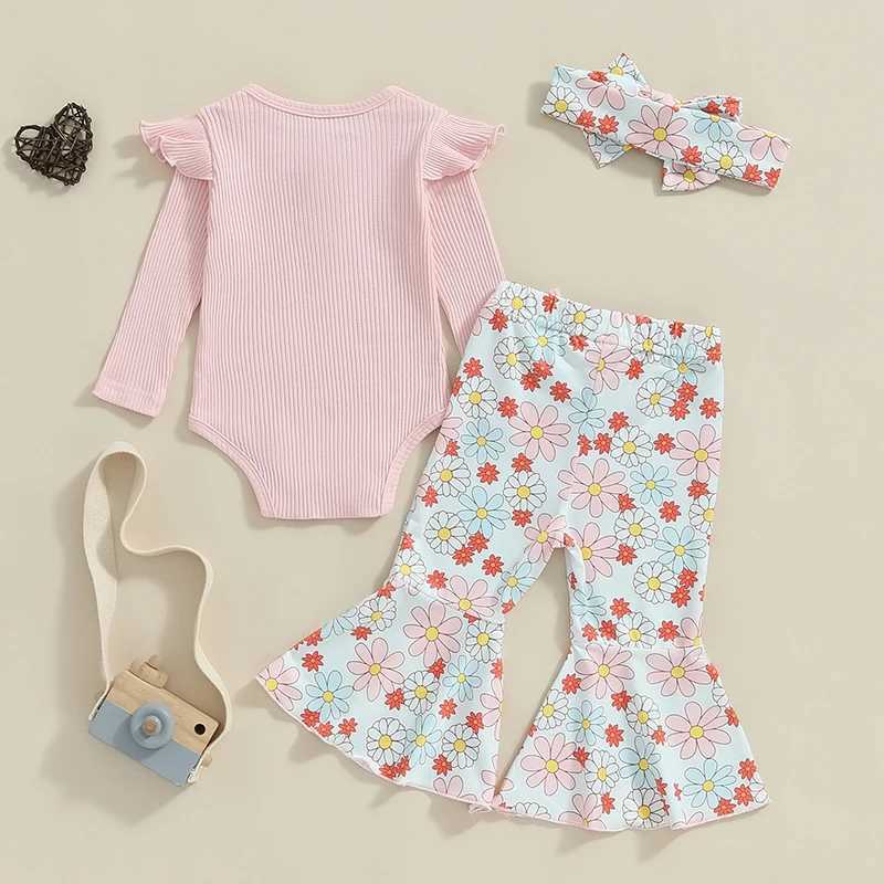 Clothing Sets 2024-05-27 Lioraitiin Baby Girl Fall Outfit Ruffle Ribbed Long Sleeve Romper Flower Flare Pants Tie Bow 3 Piece Set R250424