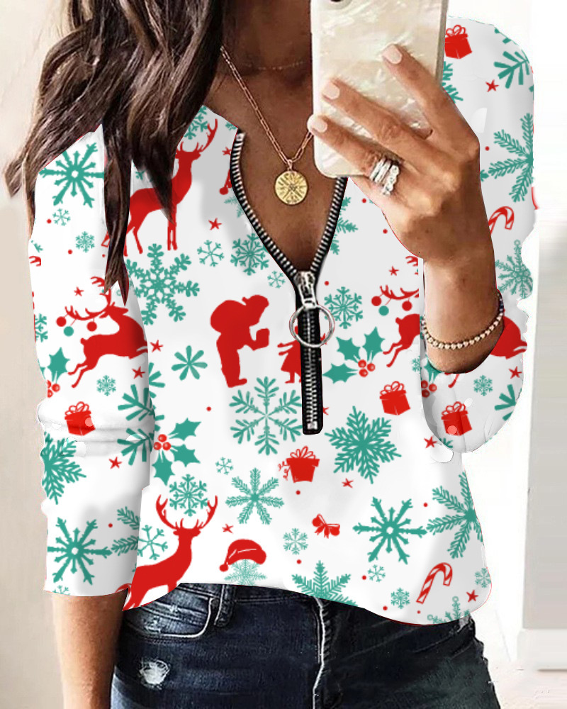 2023 Autumn/Winter New Christmas Printed V-neck Long sleeved Hoodie Womens Top