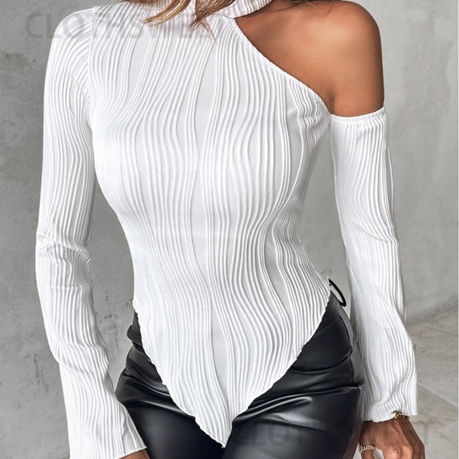 2023 autumn and winter new solid color long sleeved off shoulder round neck slim fit womens T-shirt