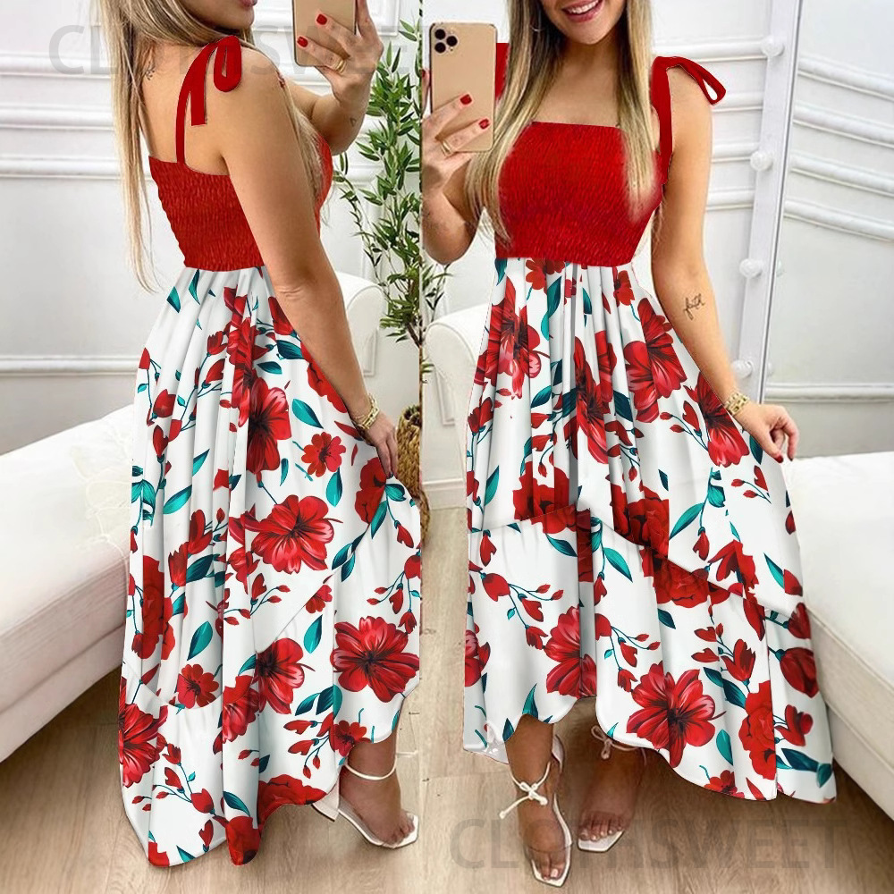 1685# short sleeved new suspender patchwork printed irregular strapless dress