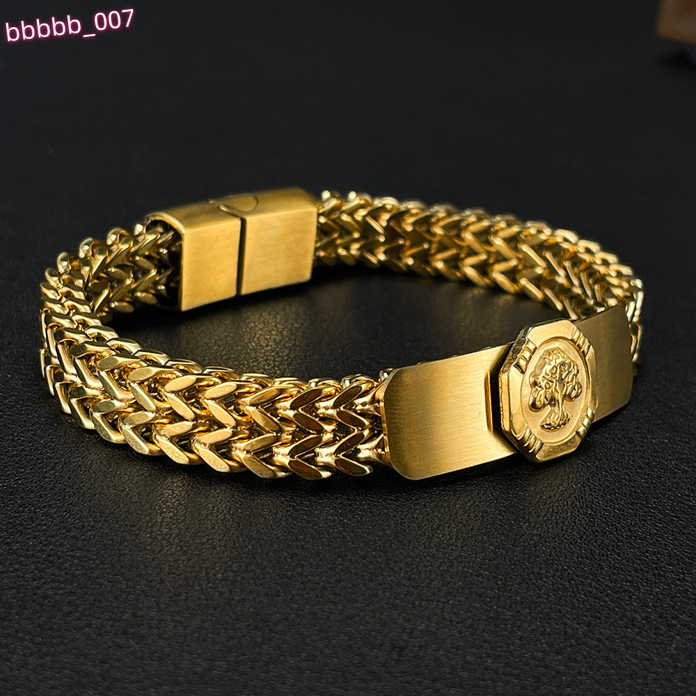 2024 New Personalized Gold Plated Stainless Steel Double Chain the Tree of Life Fashion Jewelry Cuban Link Chain Bracelet Men