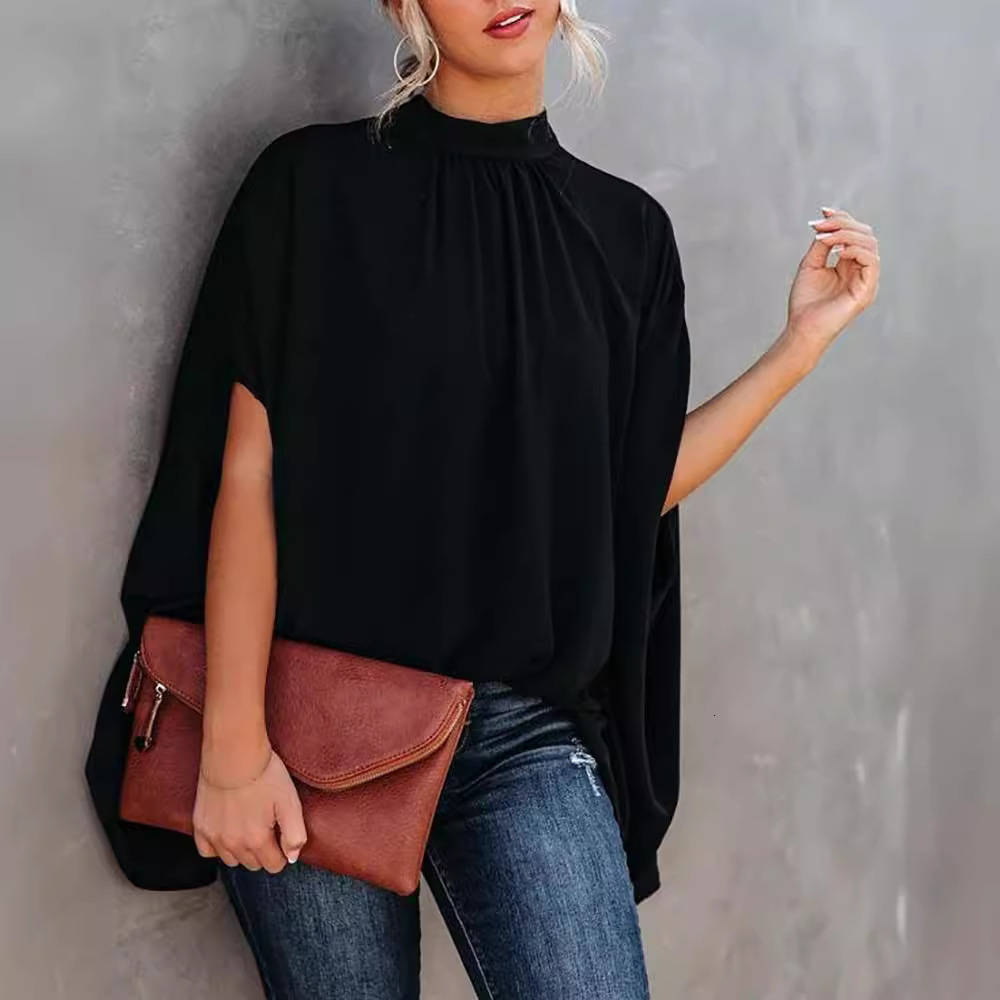 2022 new womens fashion round neck loose bat sleeve Round Neck Shirt