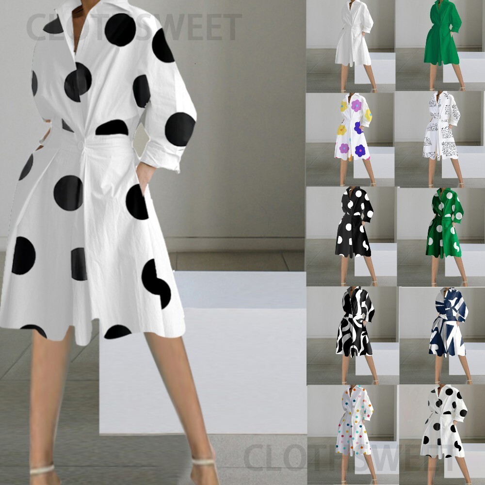 2023 Autumn New Fashion Long Sleeve V-neck Printed Medium length Dress for Women