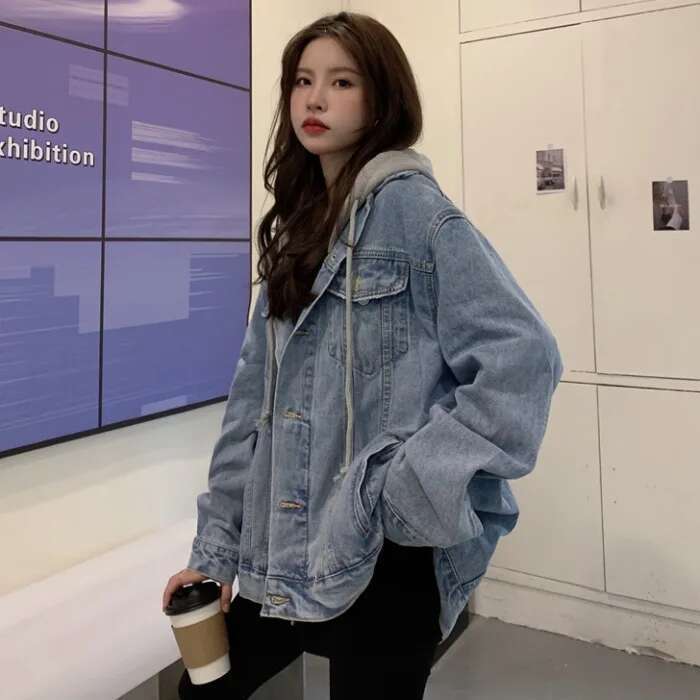 Designer Clothes Women's Hooded Denim Jacket Spring Fall Collection Light Wash Korean-Inspired Oversized Casual Coat Trendy Streetwear Top