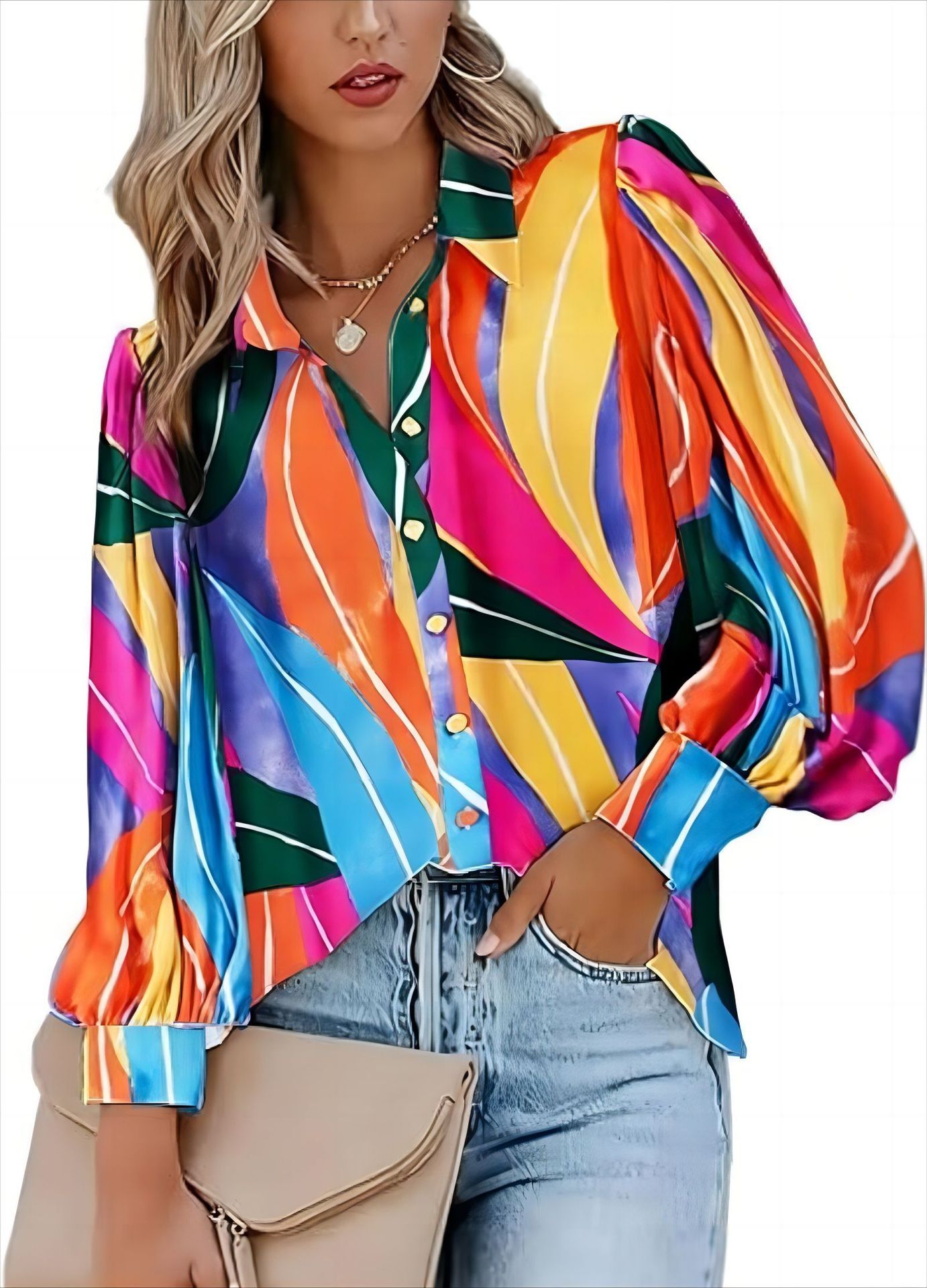 2024 autumn fashion casual long sleeved V-neck button printed shirt for women