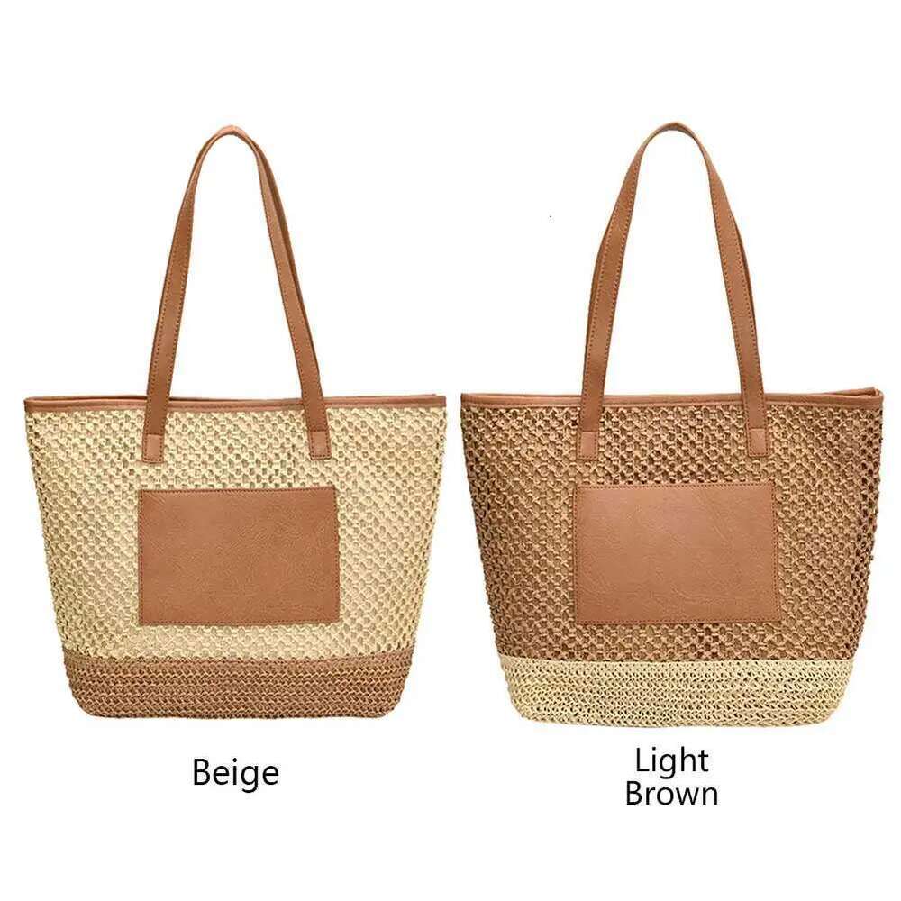 Women Boho Shoulder Large Capacity Straw Tote Contrast Color Crochet Beach Handbag Ladies Summer Daily Bag