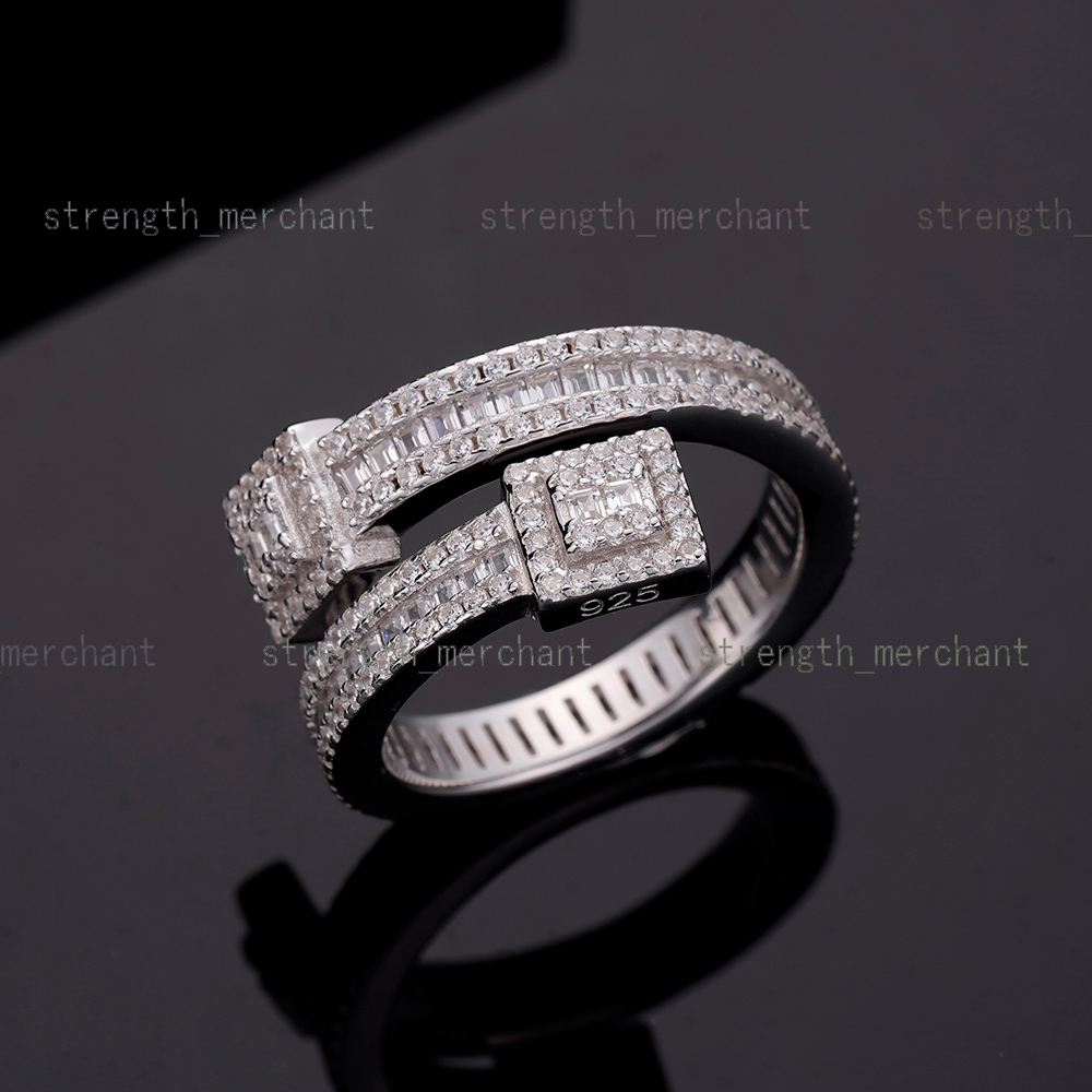 Hip Hop Rapper Jewelry 925 Sterling Silver Iced Out Cz Moissanite Baguette Custom Adjustable Rings for Men