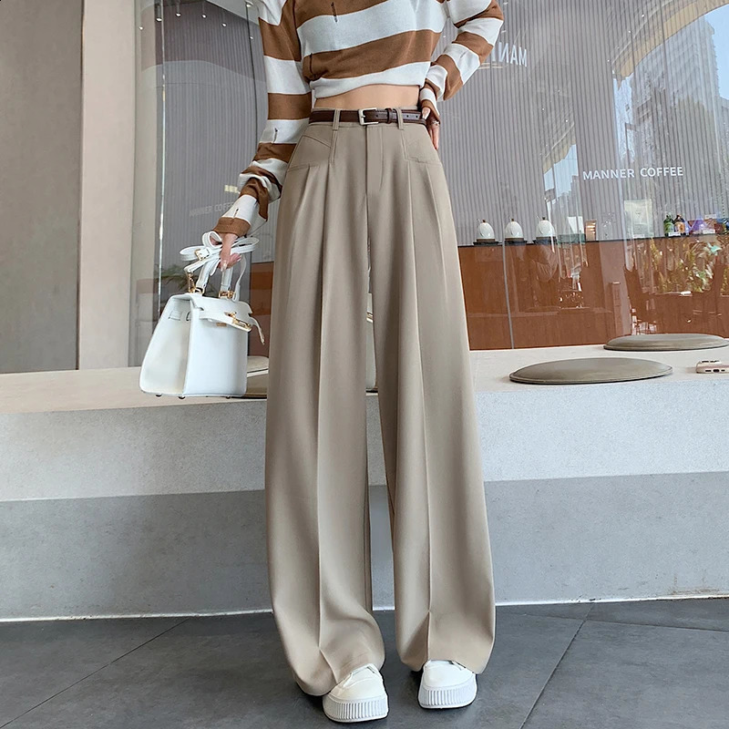 Autumn High Waist Suit Wide Leg Womens Full Pants Female Korean Elegant Minimalism Straight Loose Trousersno belt 250421
