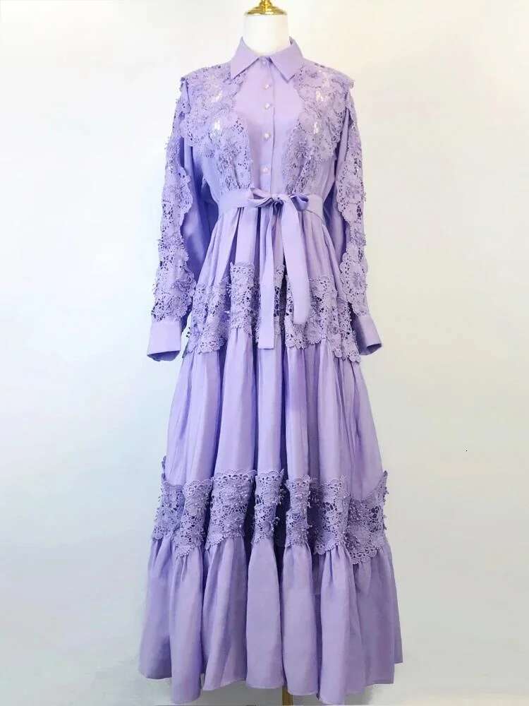Autumn Lace Flower Embroidery Long Sleeve Maxi Evening Dresses Shirt Women Single Breasted Prom Wedding Party Vestidos