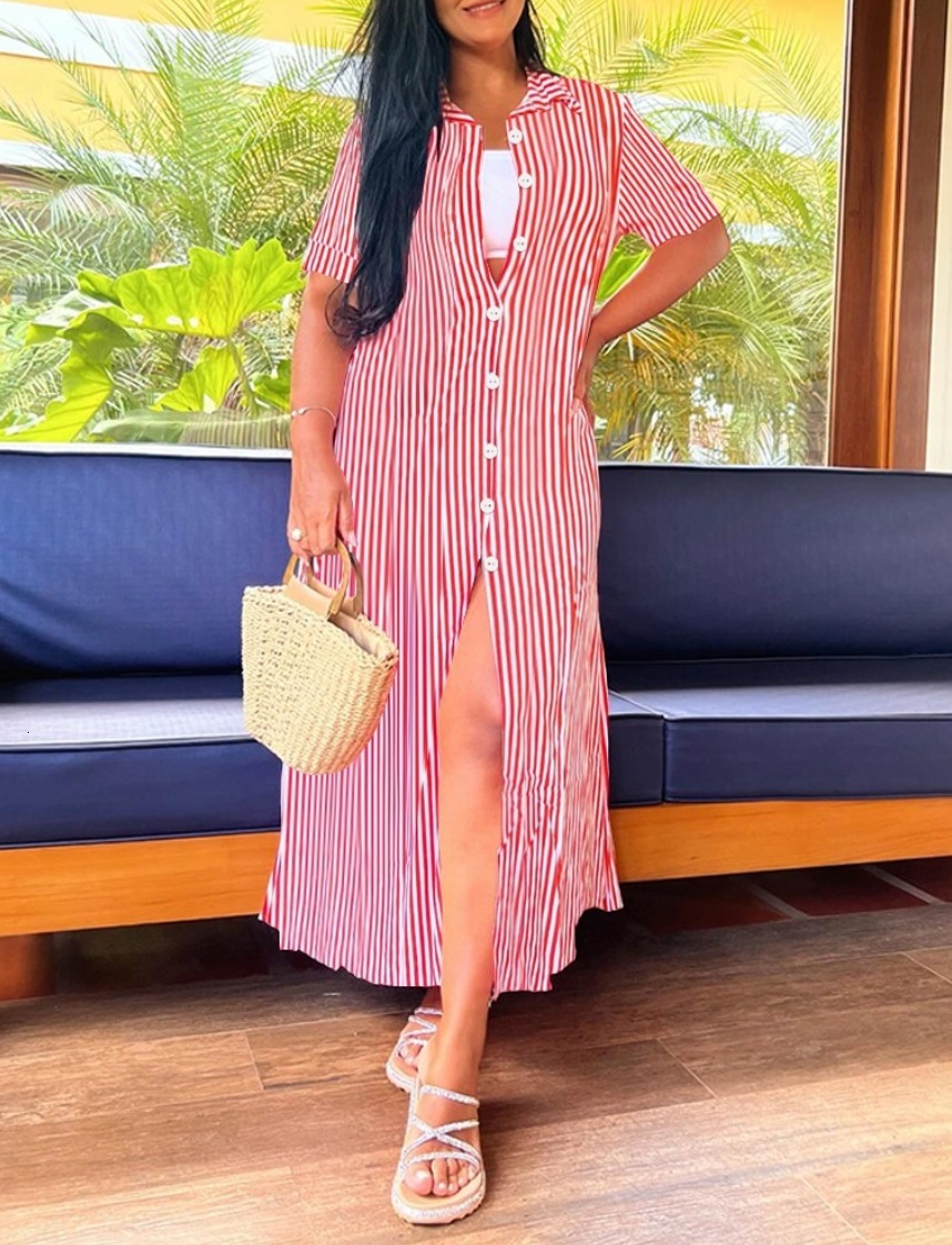 2024 summer short sleeved casual long striped printed dress for women