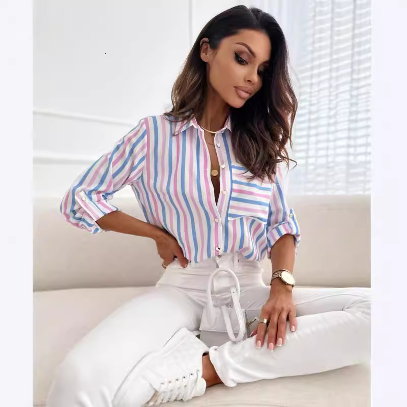 2023 autumn long sleeved V-neck pocket striped printed shirt for women