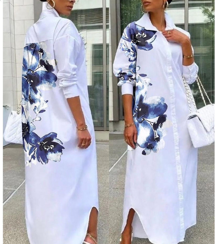 Autumn Long Dress Long Sleeve Shirt Dress Women Character Print Pockets Side Split Button Maxi Loose Casual White Shirt Dress 200928