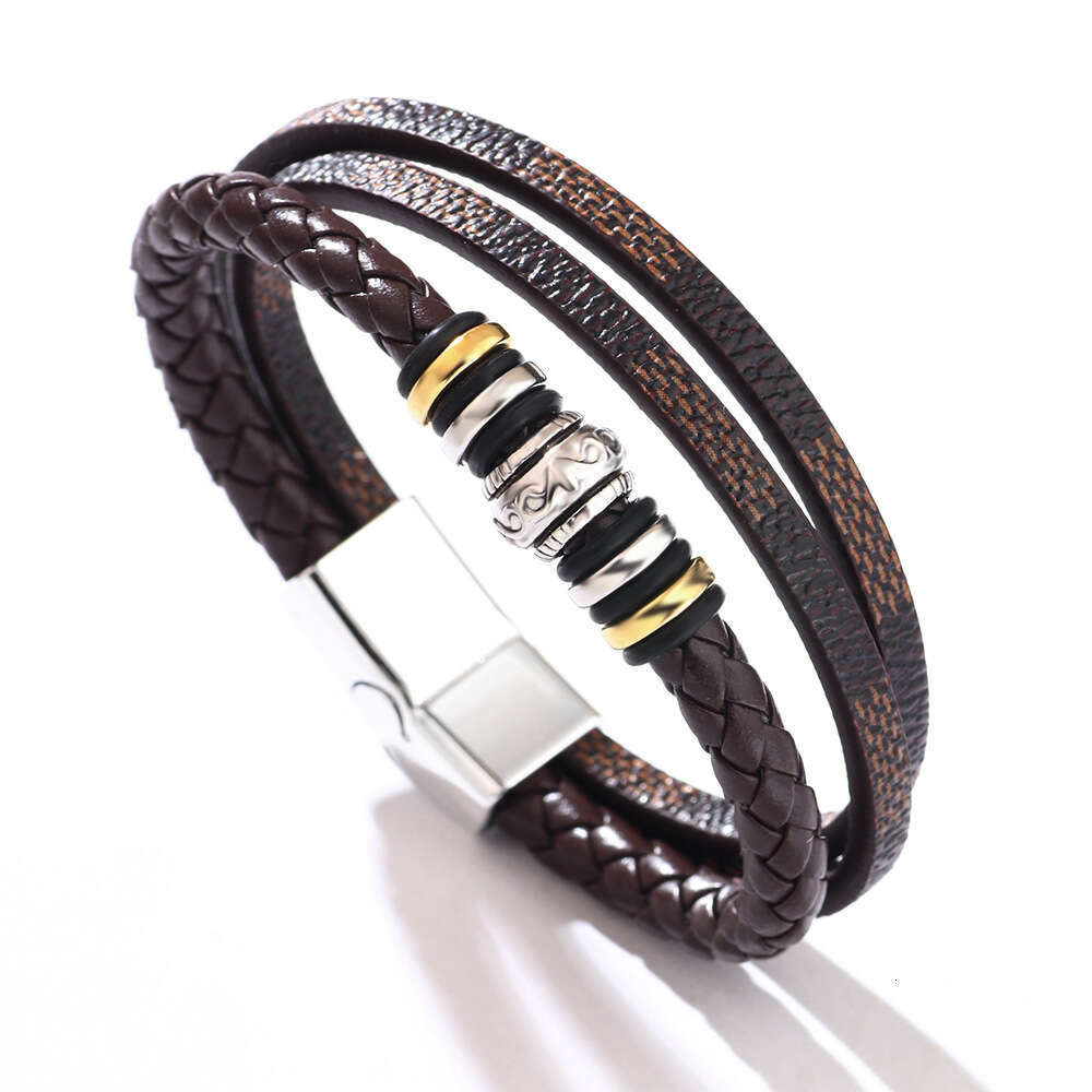 Leather laser metal ring magnetic buckle multi-layer woven PU leather bracelet sample