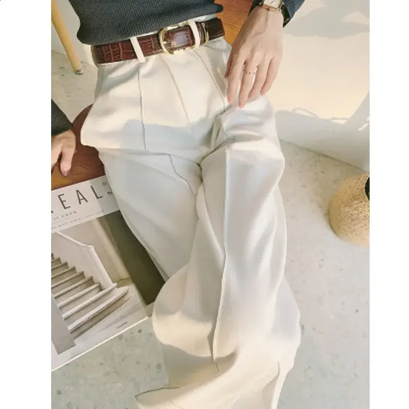 White Ladies Pants Solid Loose High Waist Wide Leg Pants Fashion Casual Womens Pants Suit Button Straight Pants 250421