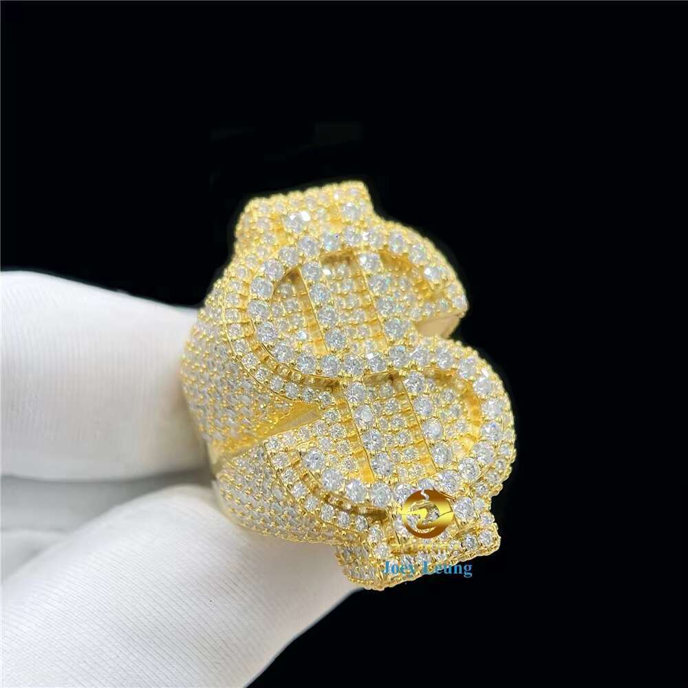 Hot Selling Hip Hop Jewelry 925 Sterling Silver 14K 18K Gold Plated VVS Moissanite Diamond Iced Out Dollar Rings