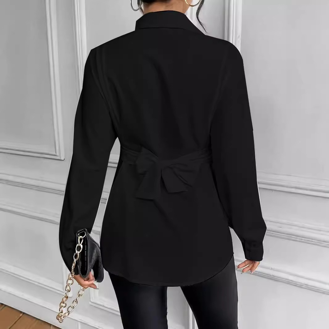 2024 autumn lapel tie bow tie waist slimming shirt womens clothing