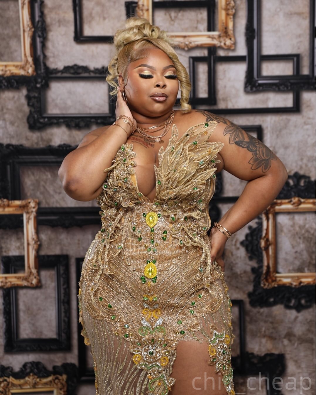 Gold Mermaid Plus Size Prom Dresses 2025 Rhinestones Florals High Split Sequined Evening Formal Party Second Birthday Engagement Gowns Dress For Speci