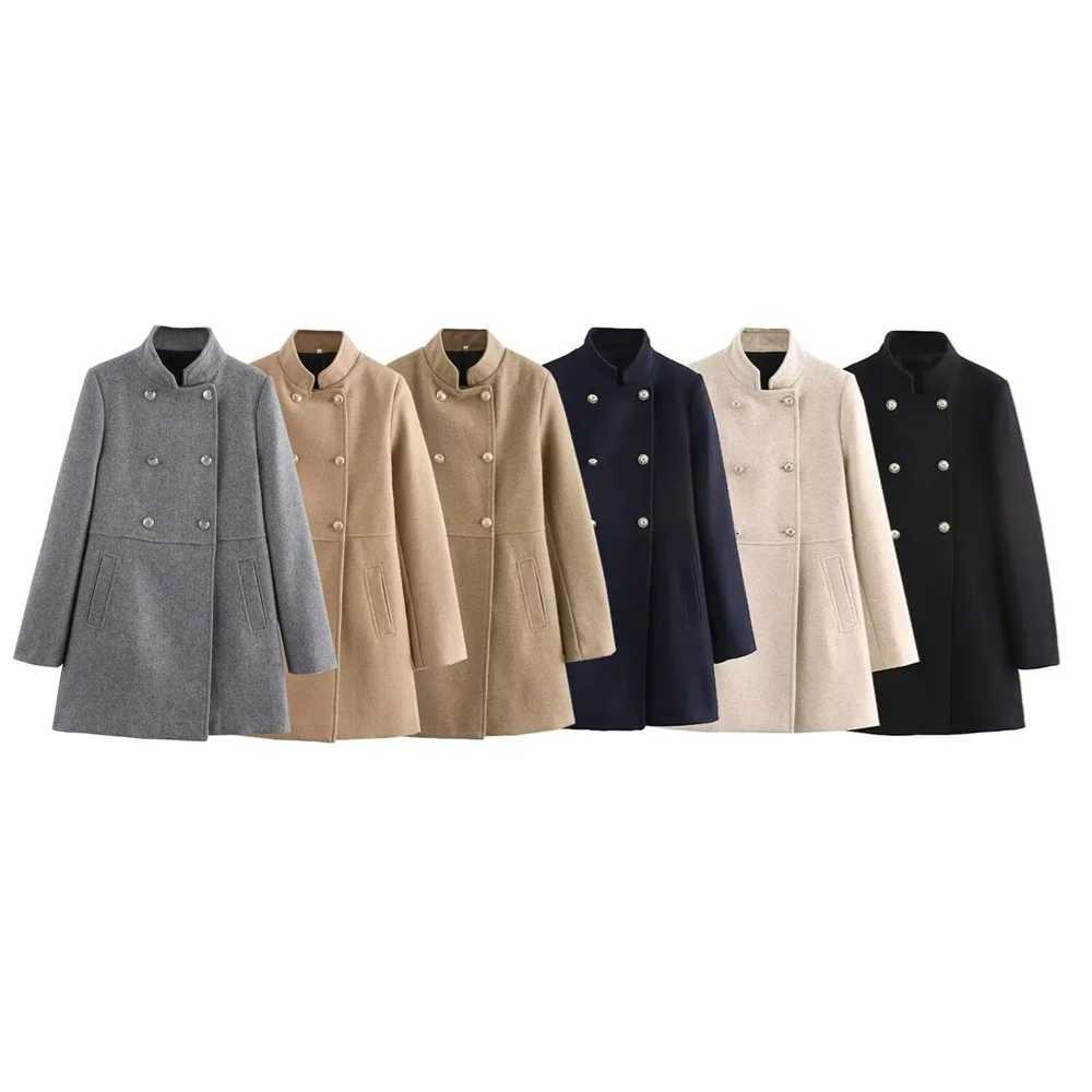 Womens Stand up Collar Double breasted Coat Pocket Decoration Autumn/Winter New Womens Clothing J251124