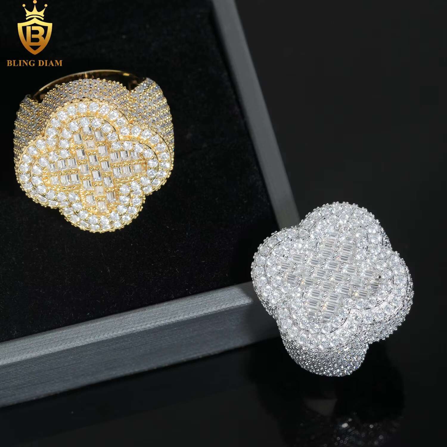 Hip Hop Jewelry 925 Sterling Silver Gold Plated Men Cuban Clover Rings Vvs Moissanite Iced Out Pass Diamond Tester