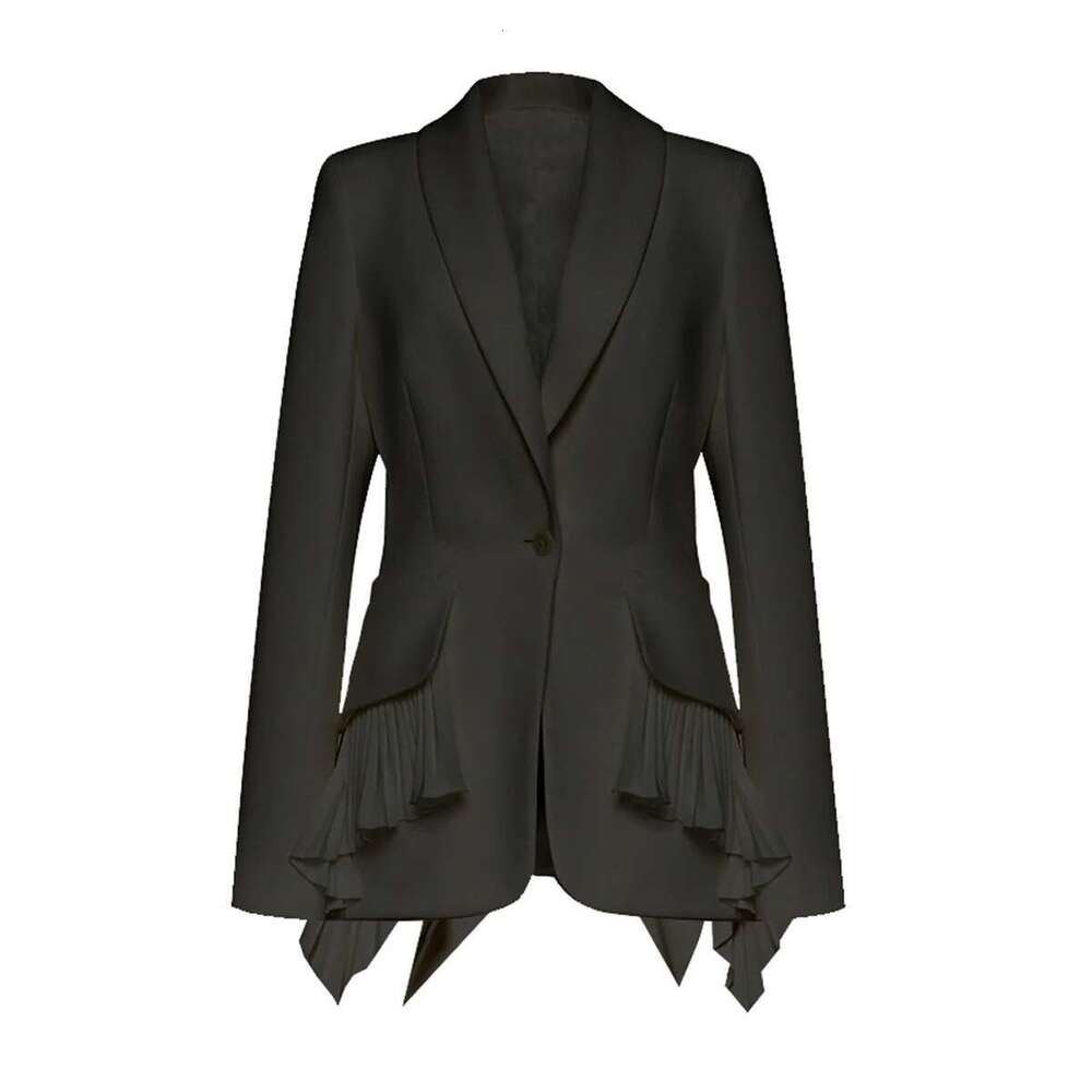 2025 Spring Autumn Blazer White Tailored Ruffled Suit Office Jacket With Hem Pleats For Women Single Buttoned Long Sleeve