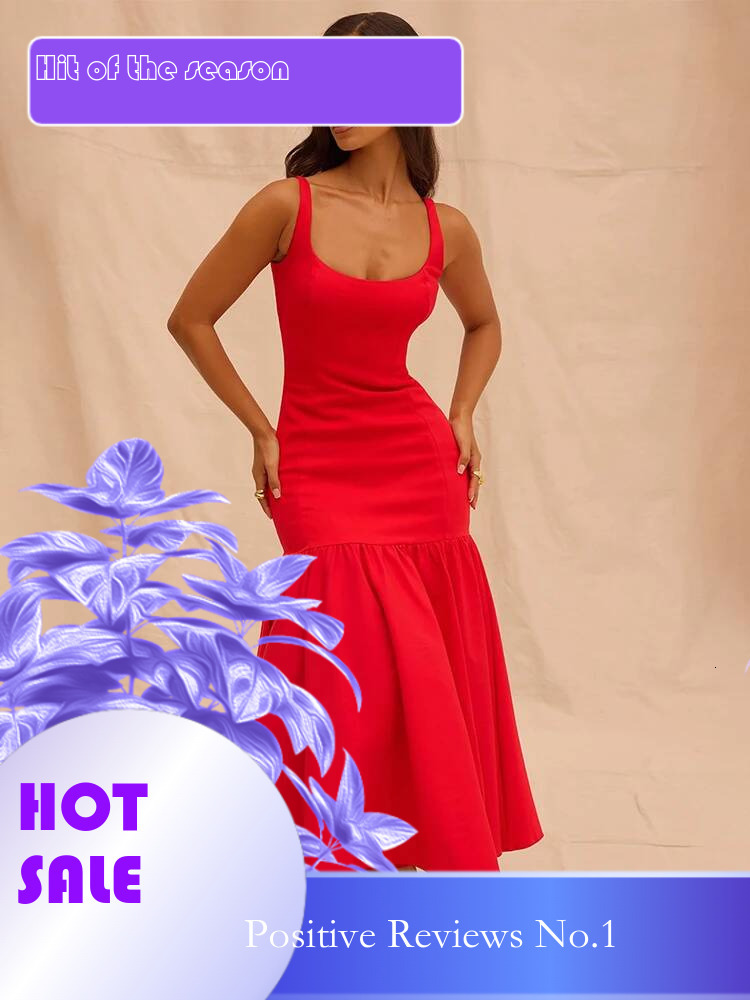 Dongdumaoyi Townlike Pleated A Line Mermaid Dress Women Spaghetti Strap Summer Midi Long Backless Nightclub Sexy Party Dresses