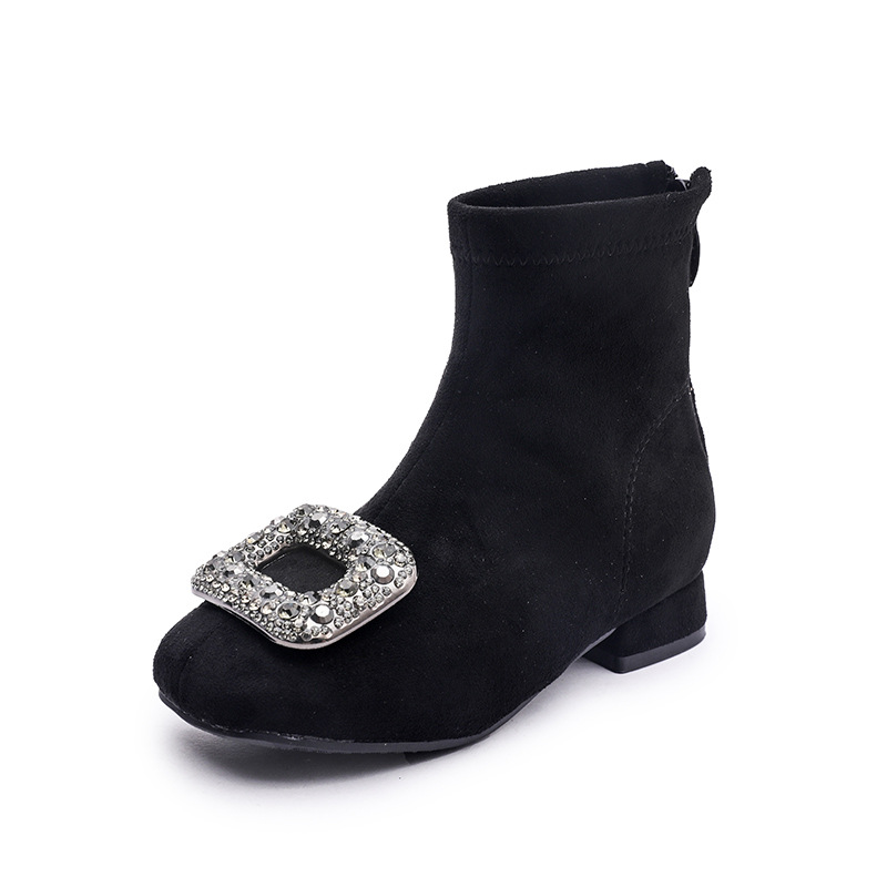 2025 New Style Girls' High-heeled Shiny Square-toe Short Boots with Rhinestone Buckles Warm Plush Fashion Boots for Autumn and Winter