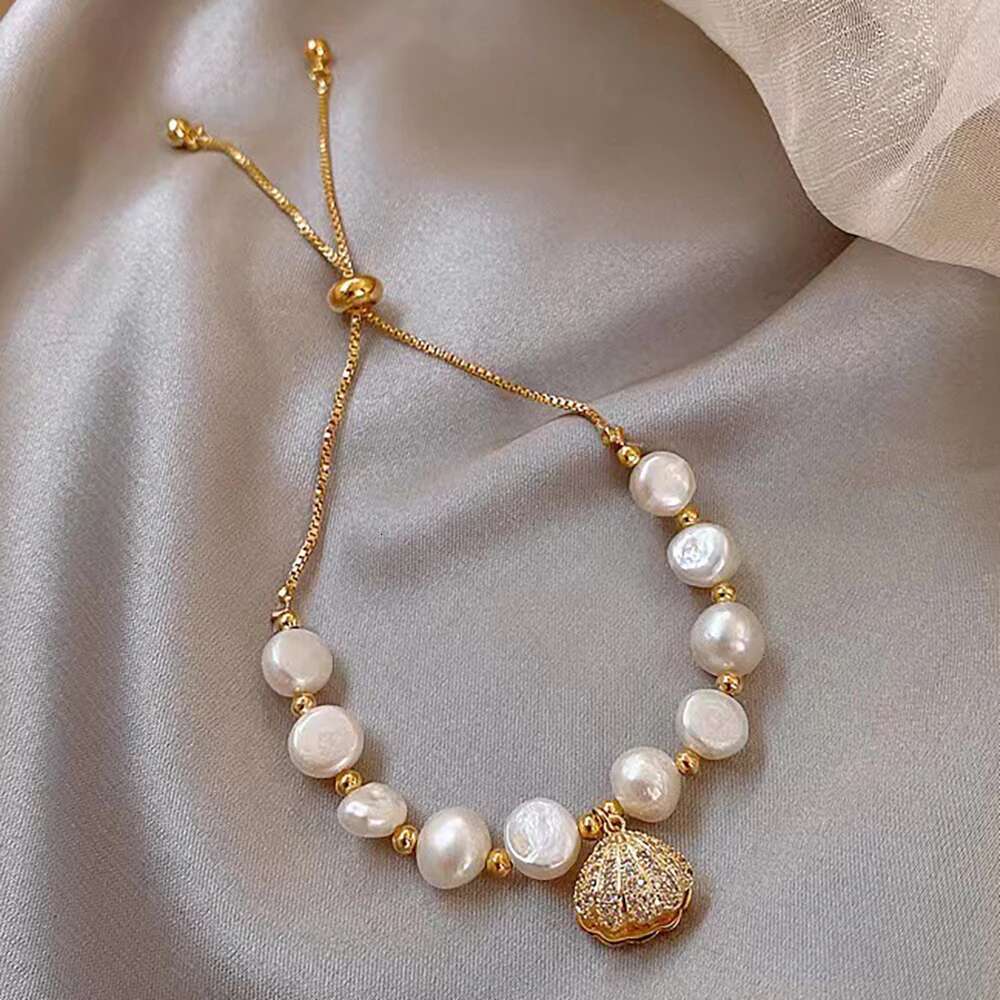 Sterling Sier Zircon Beach Shell Baroque Pearl Charm Bracelet for Women Bohemian Fashion European Jewelry US Stock