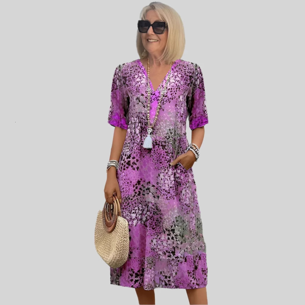 2025 Summer New Printed V-neck Leisure Vacation Pocket Dress for Women