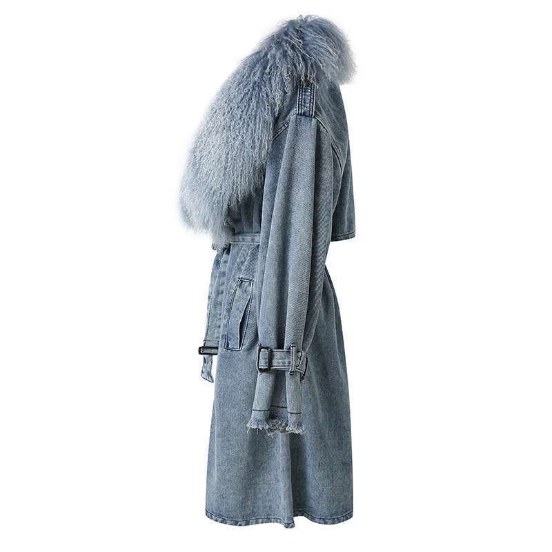 Lady Fashion Mongolian Denim Jacket Spring Autumn Long Trench Coat With Fur Detachable Collar