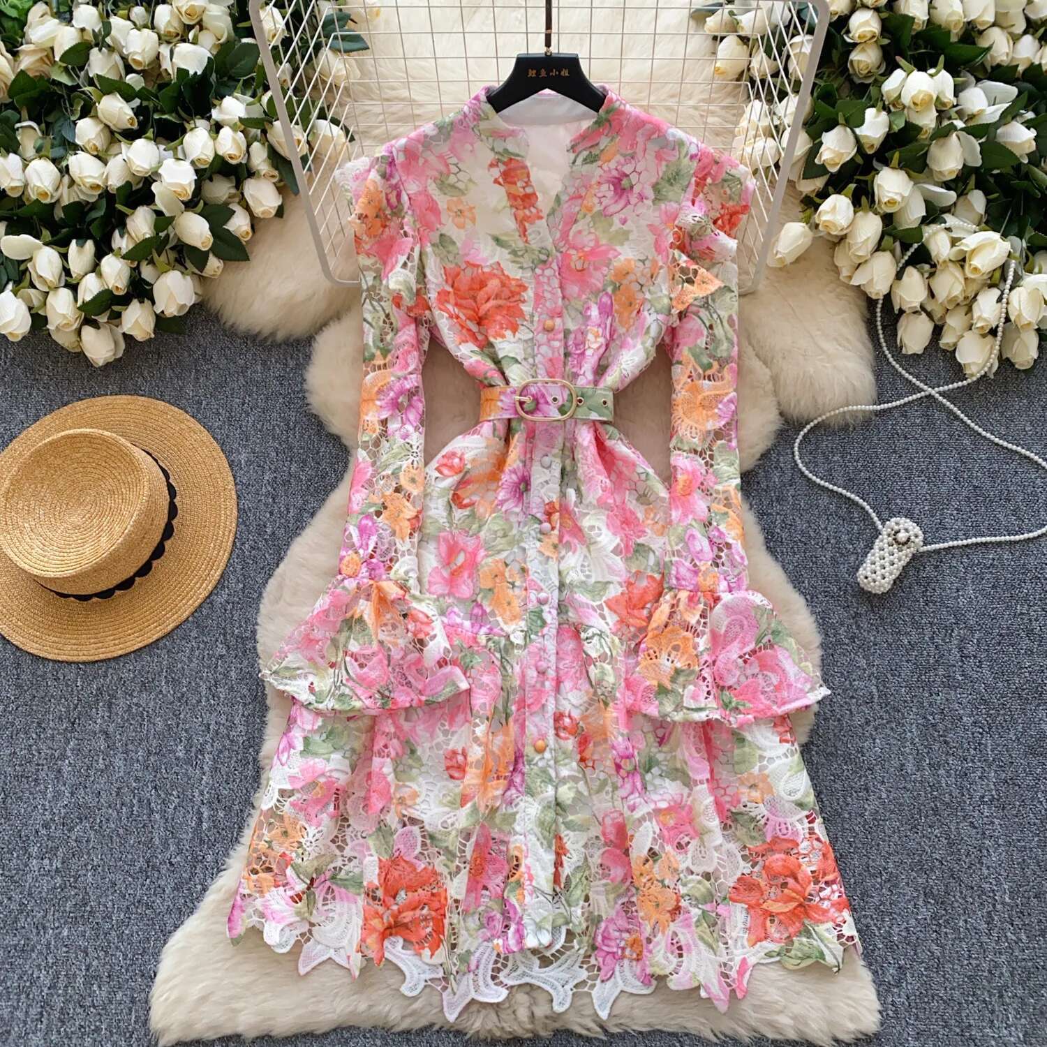 Elegant Flower Embroidery Lace Evening Dresses Women Summer Autumn Flare Long Sleeve Fancy Hollow Out Short Dress Party