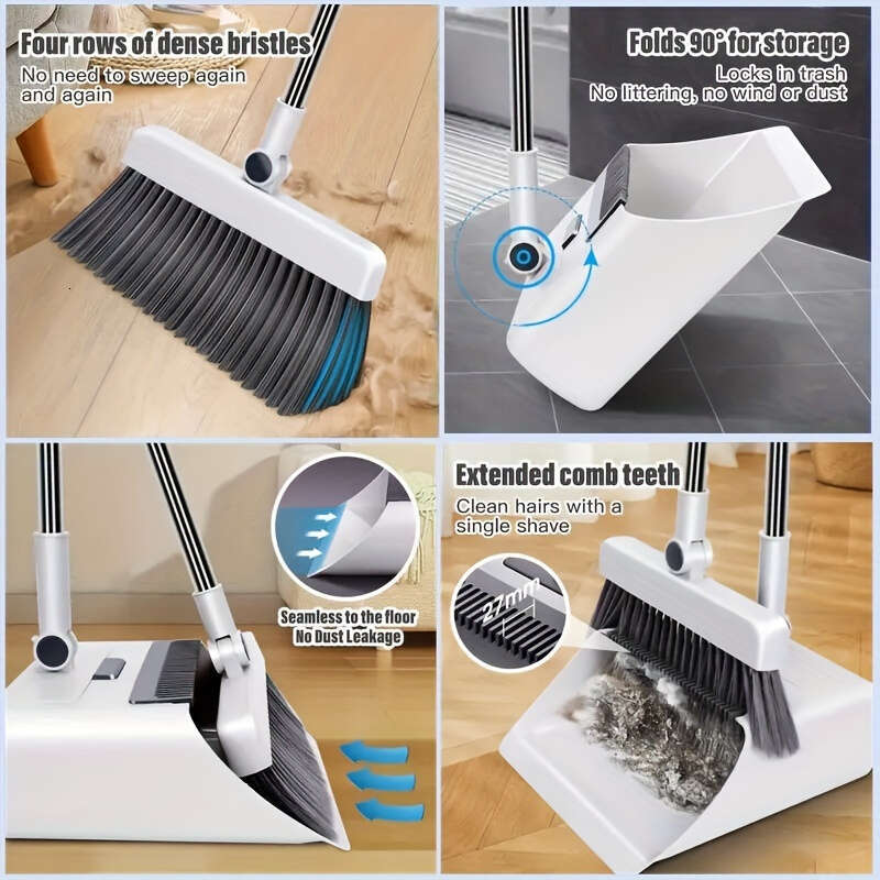 3-in-1 Ergonomic Long Handle Floor Kit High-Efficiency Broom, Dustpan & Brush Set for Home, Office, School, Dorms - Durable, Easy-to-Clean Household C